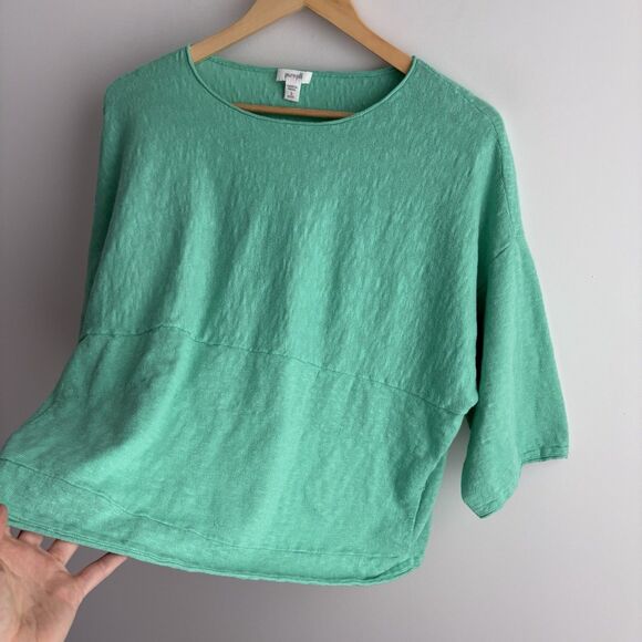 J Jill Sweater XS Petite Women’s Oversize Cotton Linen Boxy Cropped Green Top - Picture 2 of 8